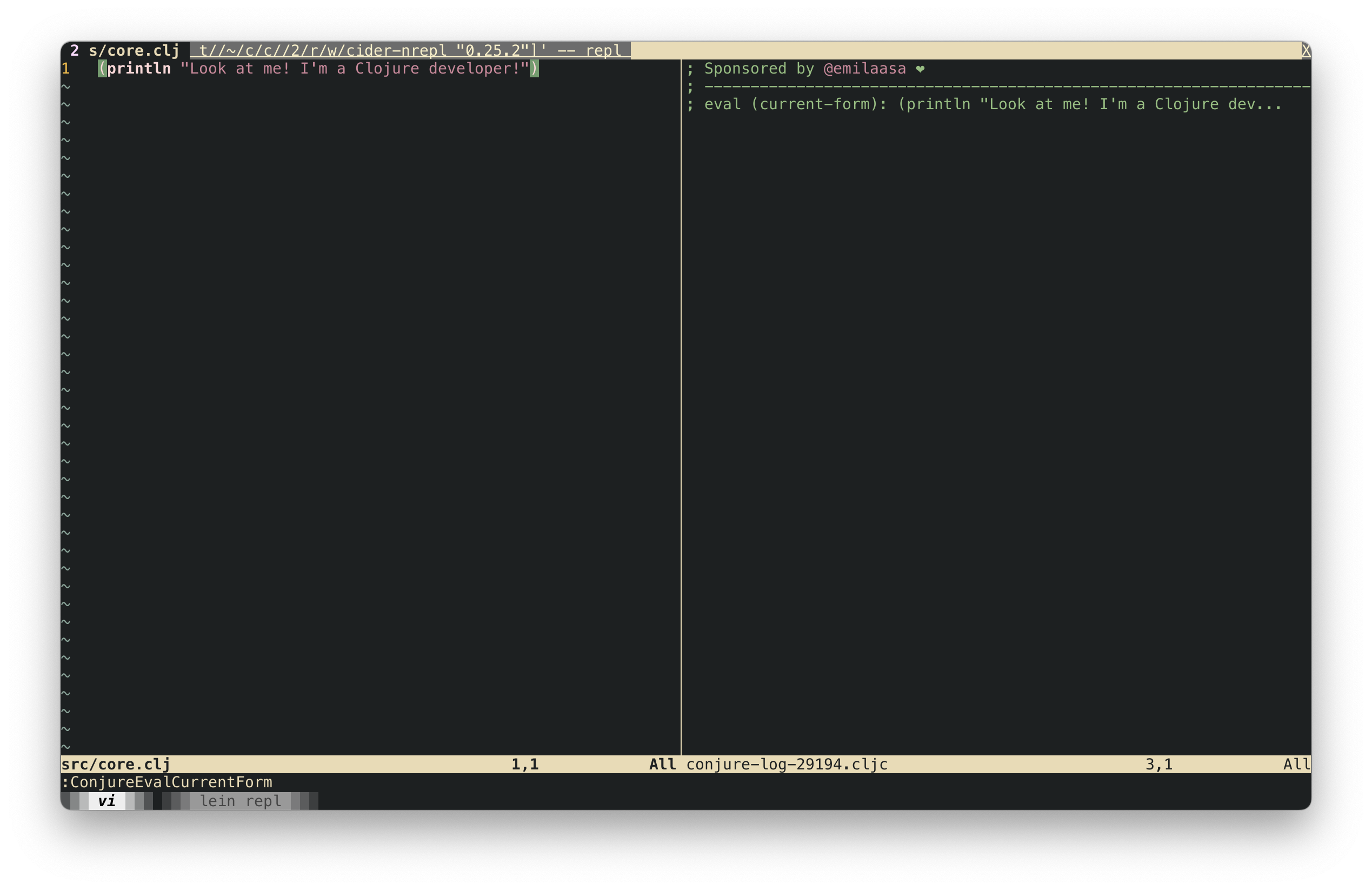 Vim with Clojure code on the left, REPL on theright